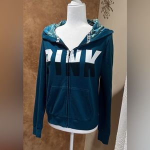 VICTORIA’S SECRET PINK Teal Perfect ZIP HOODIE Logo Tropical Palm Medium